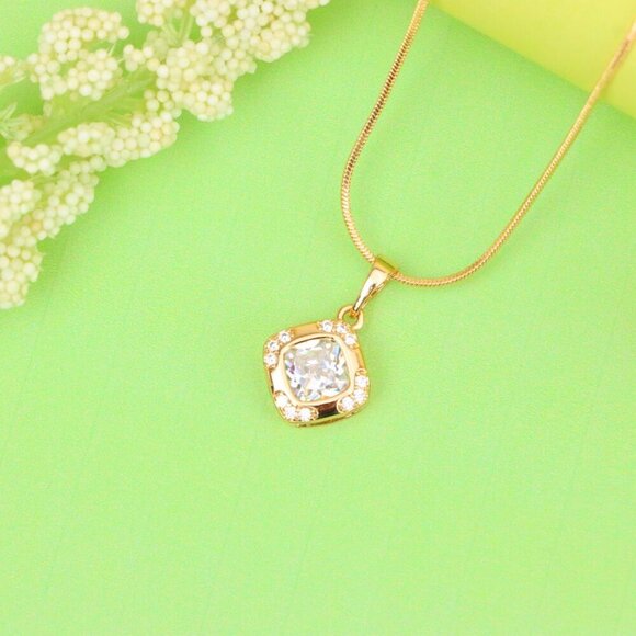 "White Cushion Stone Pendant in Gold Plated Brass with Crystal Halo, XPPT1769 - Picture 12 of 12